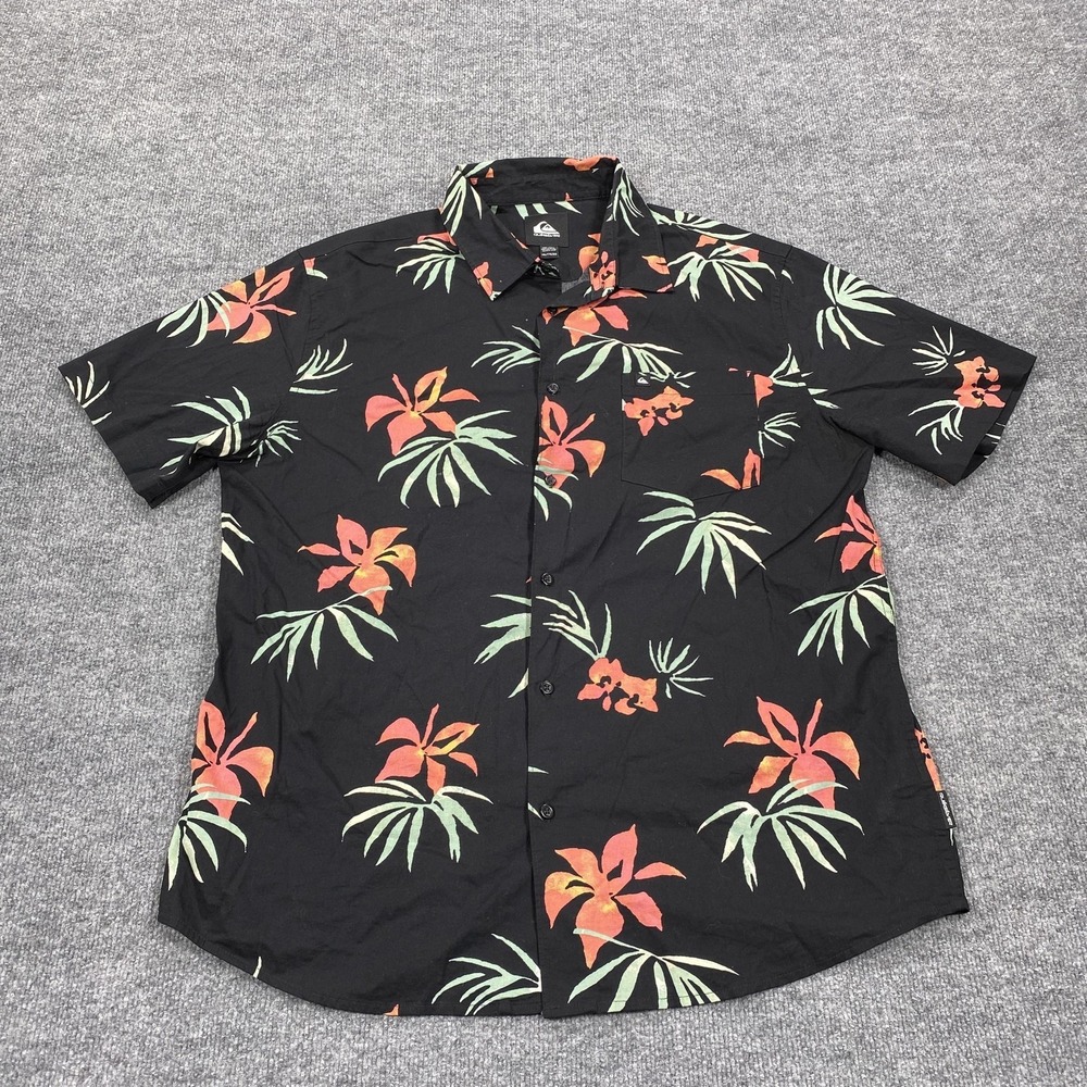 Quiksilver Shirt Mens 2XL Black Floral Short Sleeve Button Up Casual Relaxed